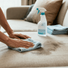 Person cleaning a stained fabric sofa with a cloth and spray cleaner, with a bucket nearby in a bright living room setting
