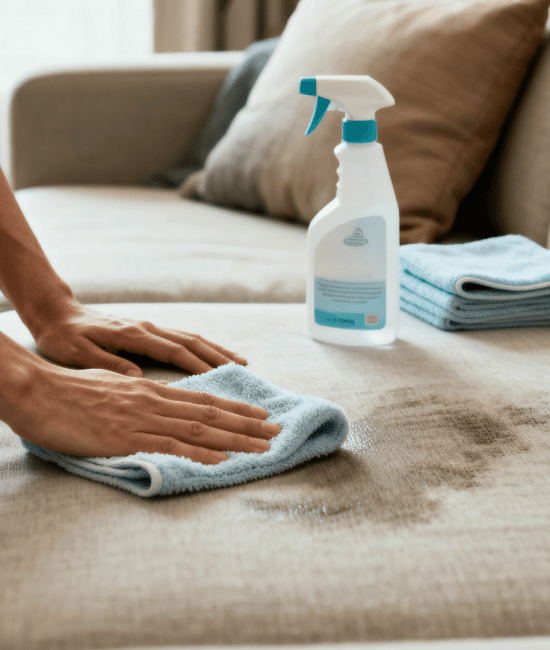 Person cleaning a stained fabric sofa with a cloth and spray cleaner, with a bucket nearby in a bright living room setting