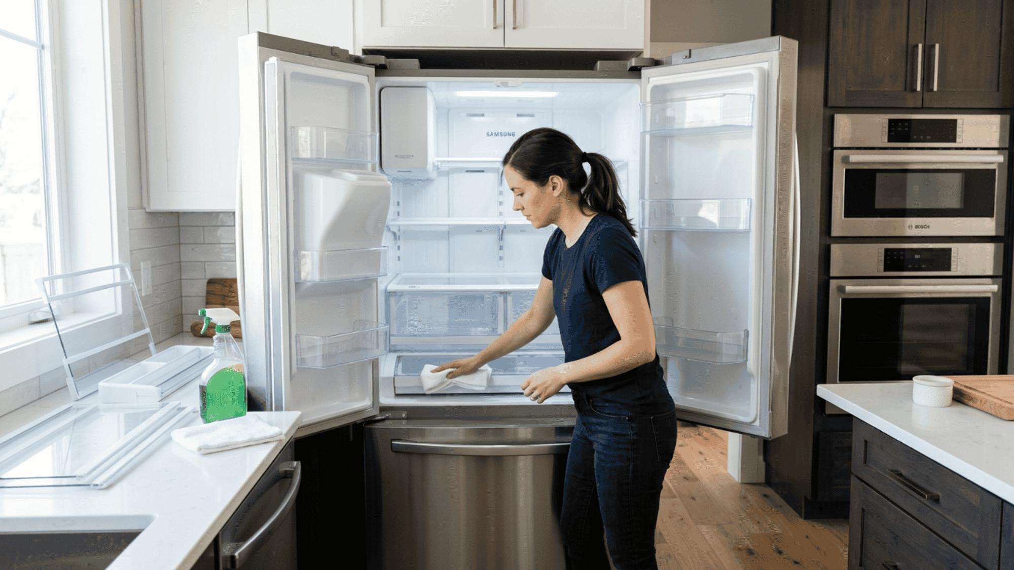 Person cleaning inside of an empty refrigerator in a bright modern kitchen