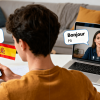 Person learning Spanish on phone and French via video call, with speech bubbles saying Hola and Bonjour in a split-screen setup.