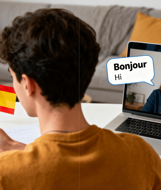 Person learning Spanish on phone and French via video call, with speech bubbles saying Hola and Bonjour in a split-screen setup.