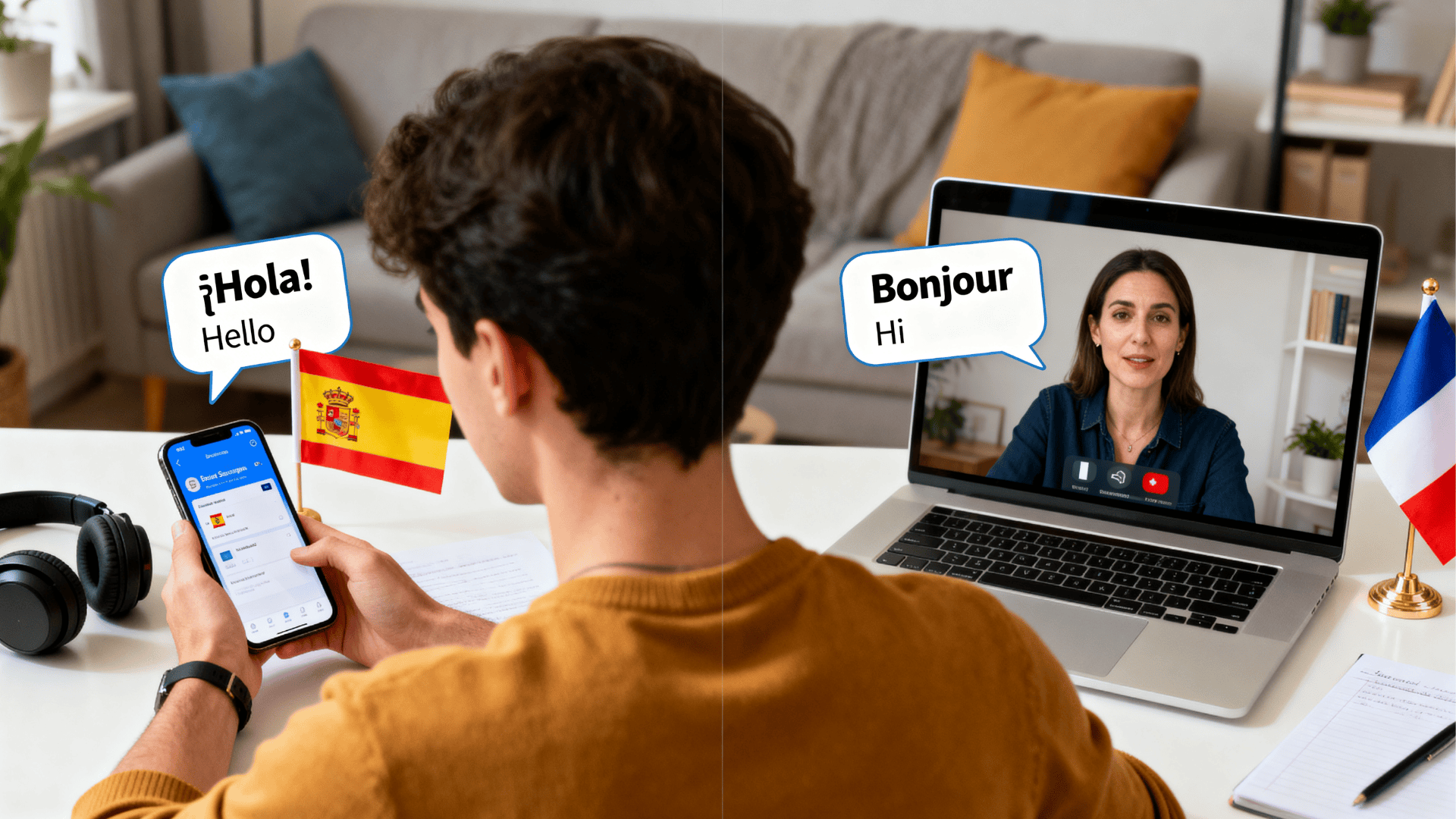 Person learning Spanish on phone and French via video call, with speech bubbles saying Hola and Bonjour in a split-screen setup.