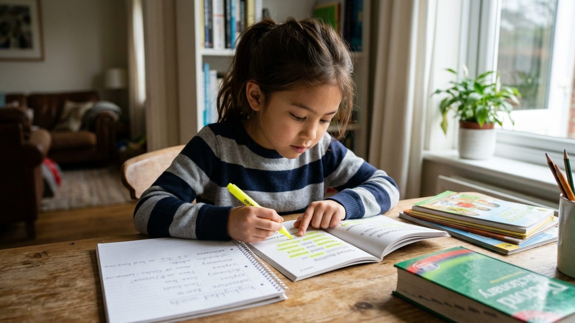 Person studying English vocabulary and highlighting homophones to improve understanding and memory