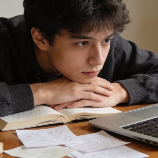 Person thinking deeply at desk with notes and laptop, showing focus and careful decision making