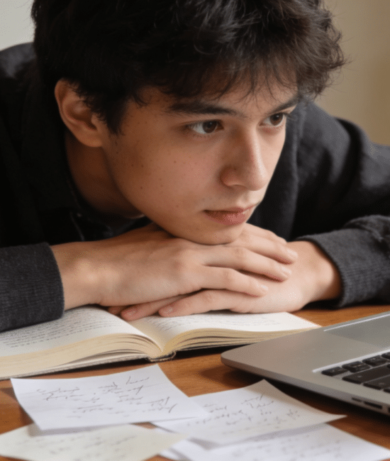 Person thinking deeply at desk with notes and laptop, showing focus and careful decision making
