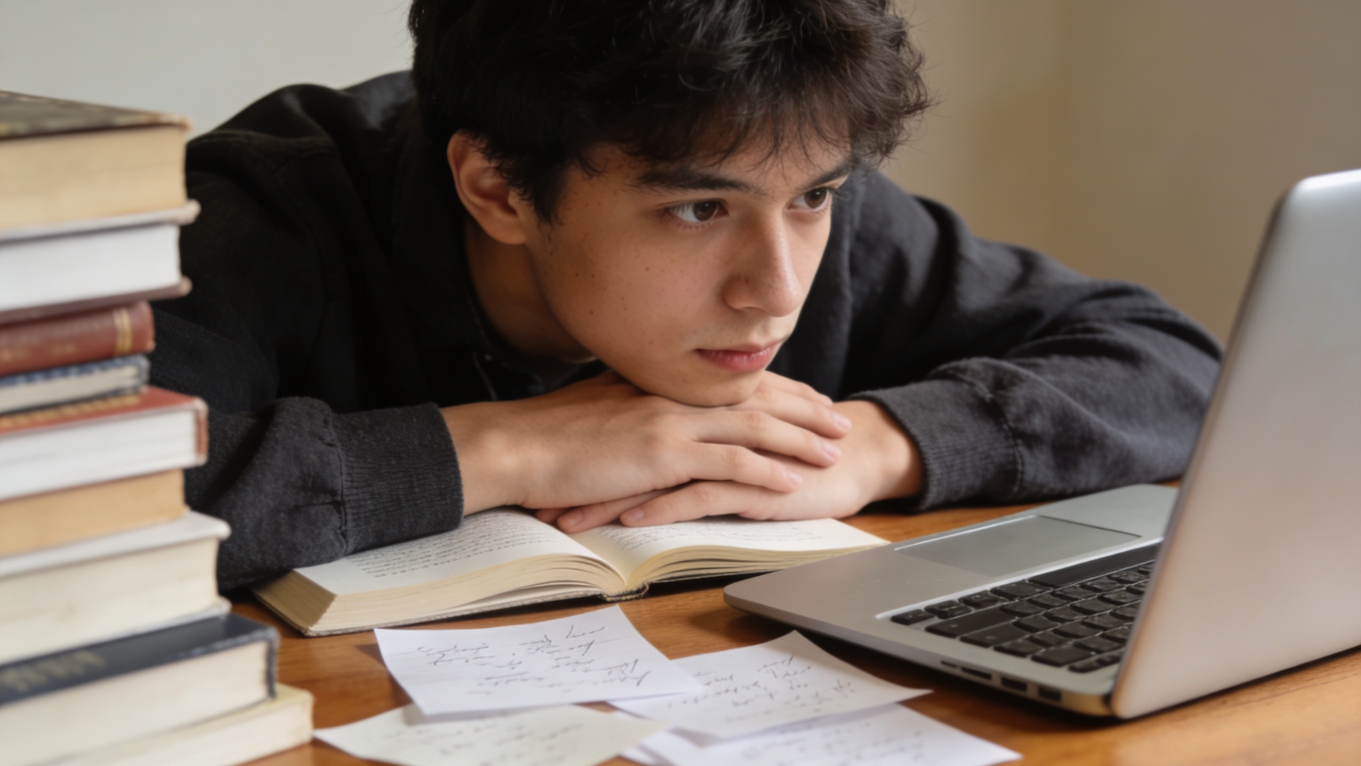 Person thinking deeply at desk with notes and laptop, showing focus and careful decision making