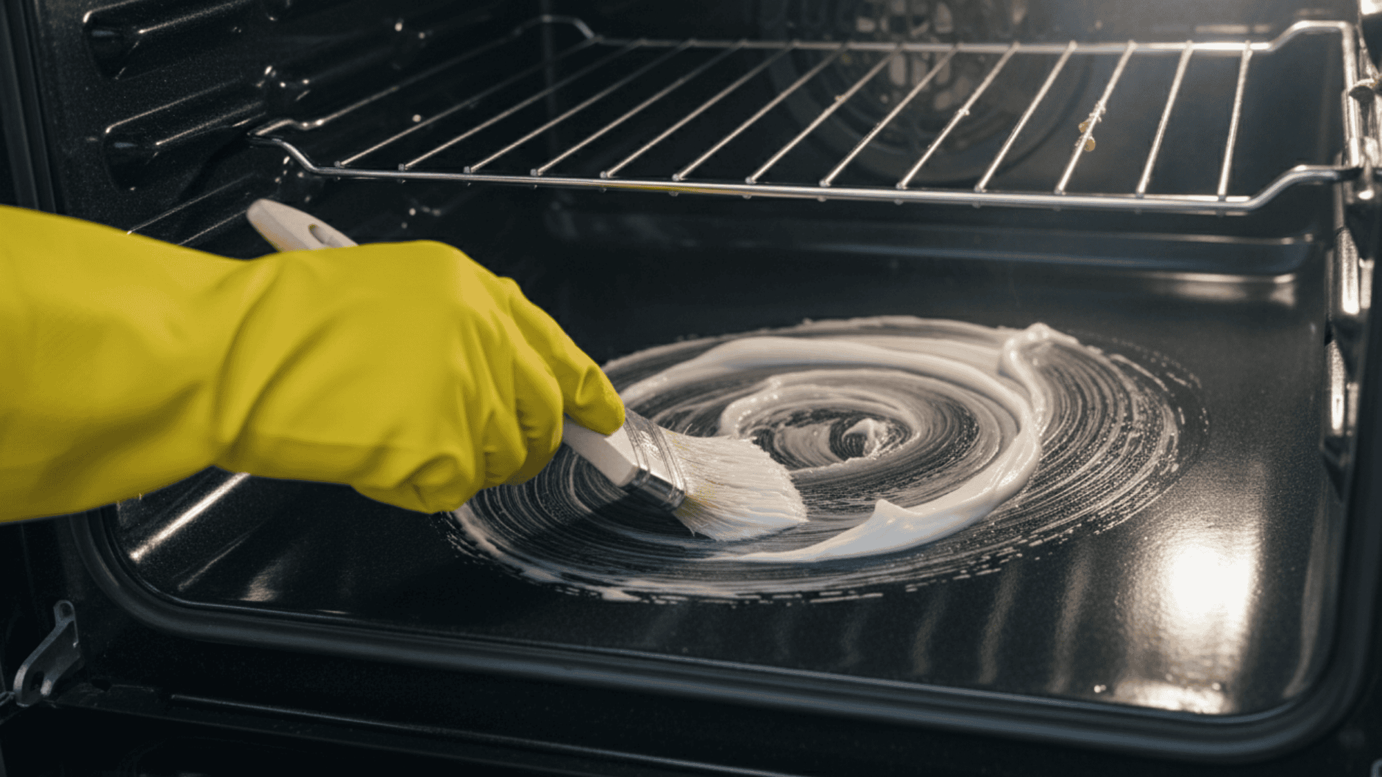 Person wearing gloves applying homemade cleaner inside oven with a brush.