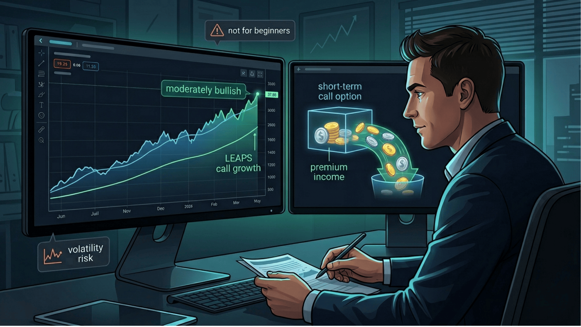 PMCC options strategy with LEAPS growth chart and covered call income, showing moderately bullish outlook and volatility risk for traders