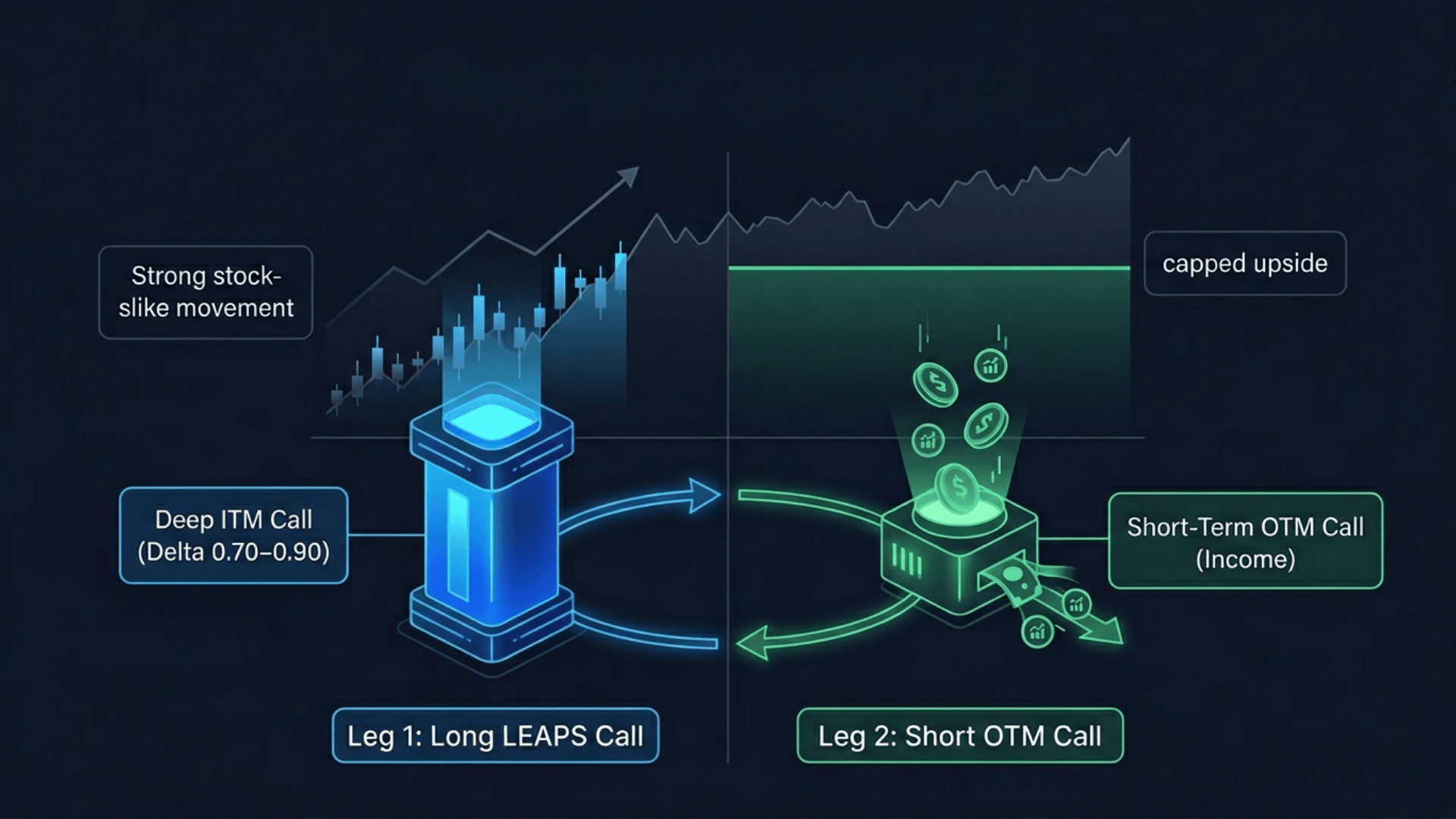 Poor man’s covered call long deep ITM LEAPS call plus short OTM call for income, mimicking stock with capped upside (1)