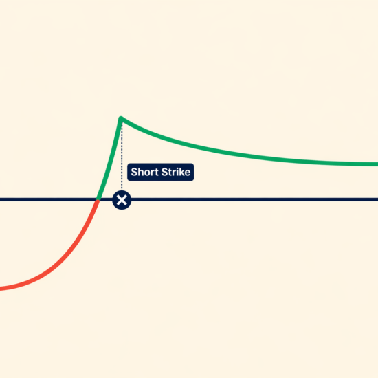 Poor man's covered call payoff chart on beige background showing red loss to green profit curve with short strike and stock price axes
