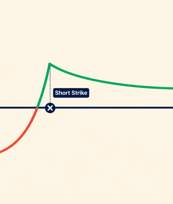 Poor man's covered call payoff chart on beige background showing red loss to green profit curve with short strike and stock price axes