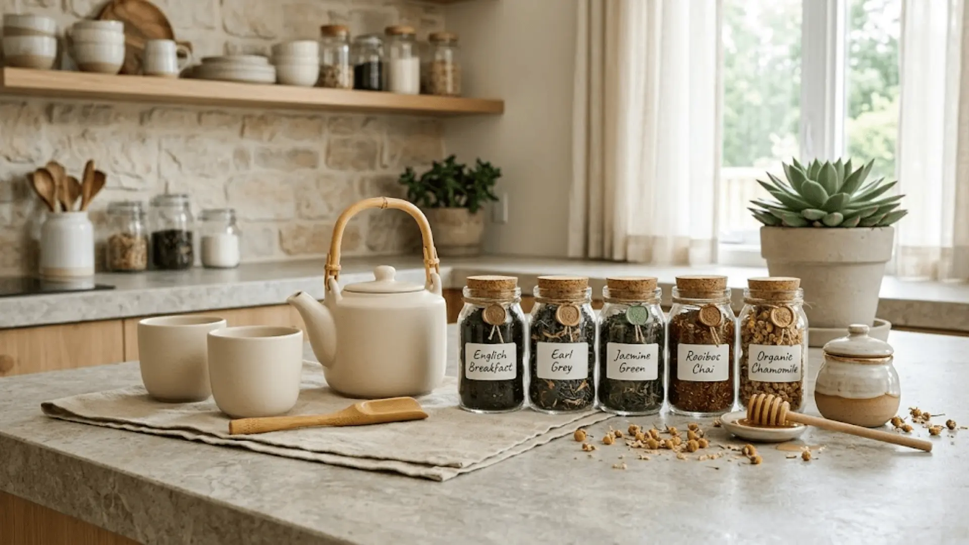 premium loose-leaf tea gift set with ceramic teapot and honey dipper on stone counter with chamomile flowers