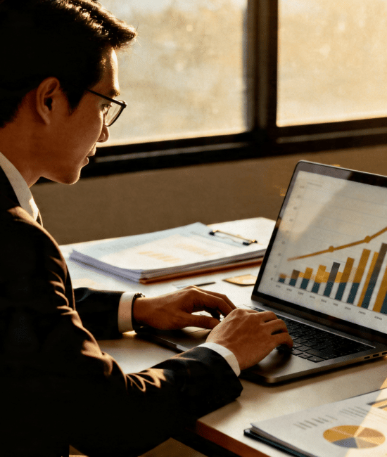 Professional analyzing financial charts on laptop at desk, illustrating what are financial values and business growth insights