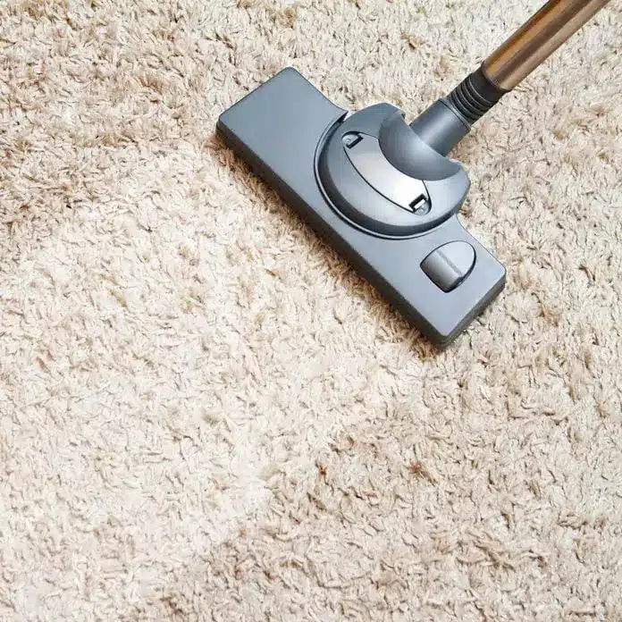 Vacuum cleaner nozzle on beige carpet in bright indoor setting