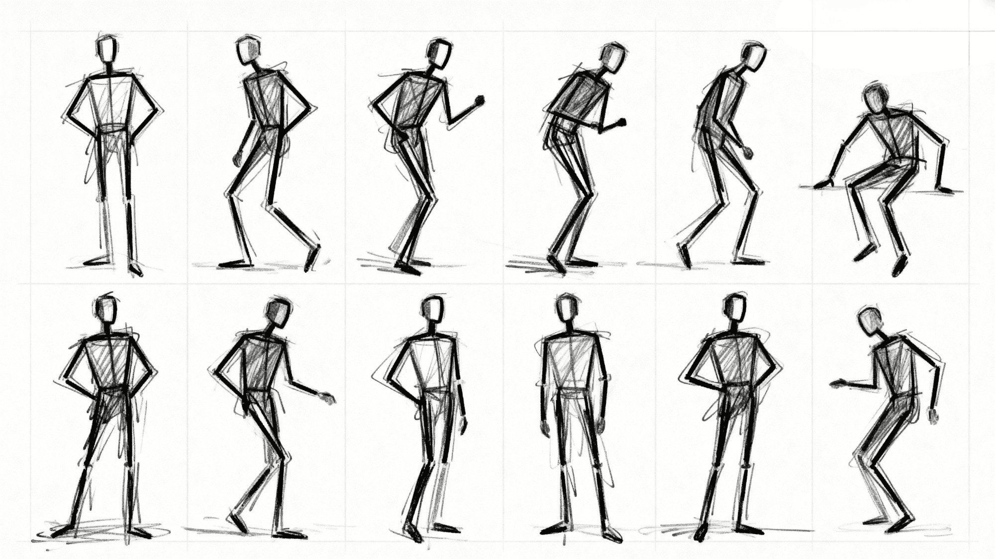 Quick gesture sketches of human poses for drawing practice