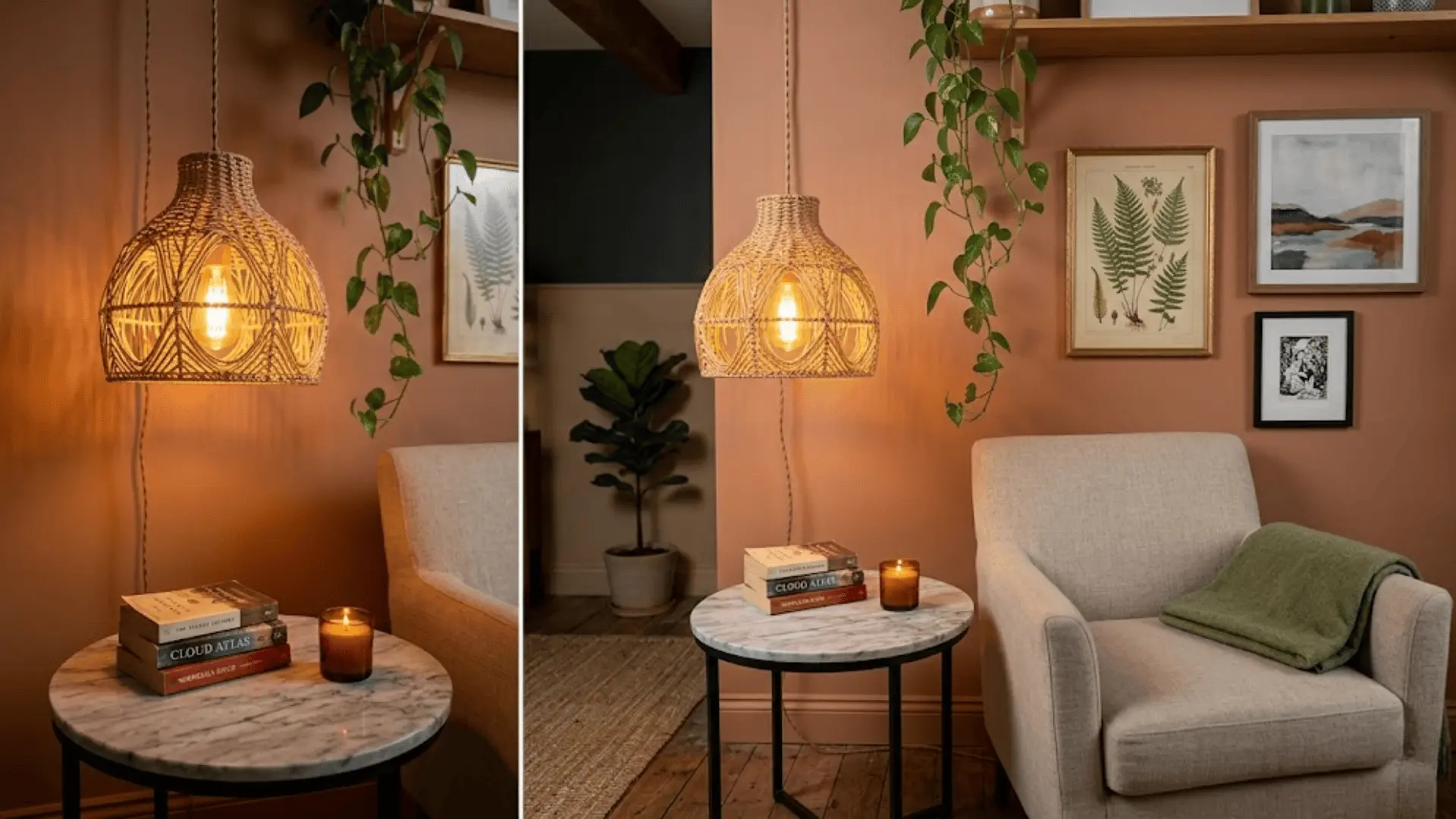 rattan pendant lamp over marble side table with linen armchair, books, and candle in warm reading corner