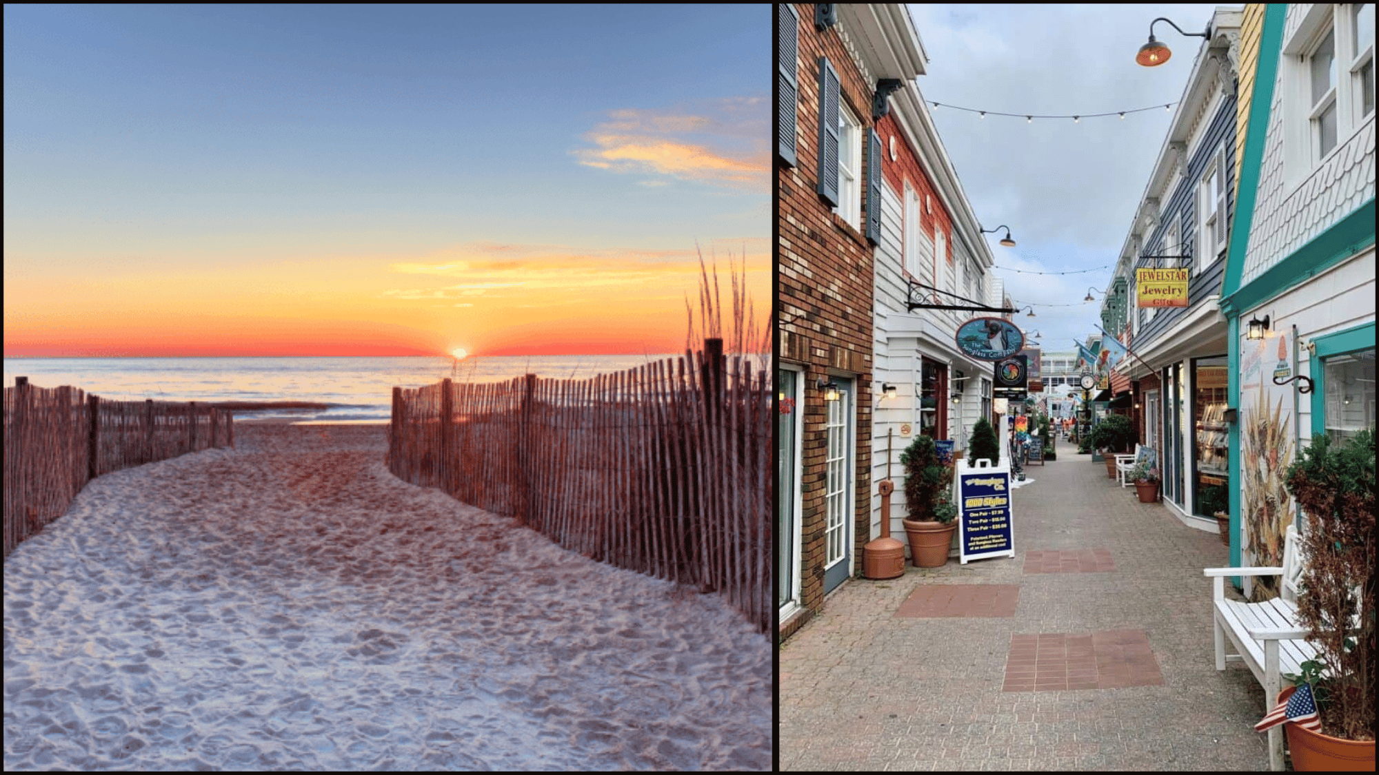 Rehoboth Beach Delaware sunrise dunes and boardwalk shops along charming street scene