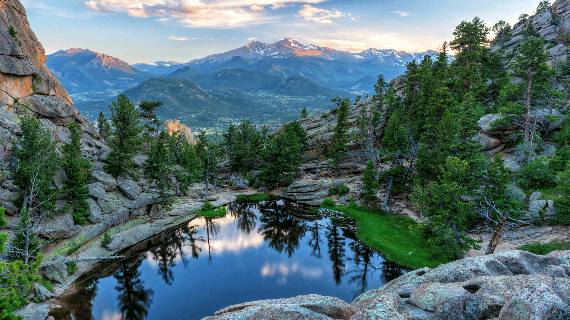 Rocky Mountain National Park Colorado lake reflecting peaks, forest and sunset sky.