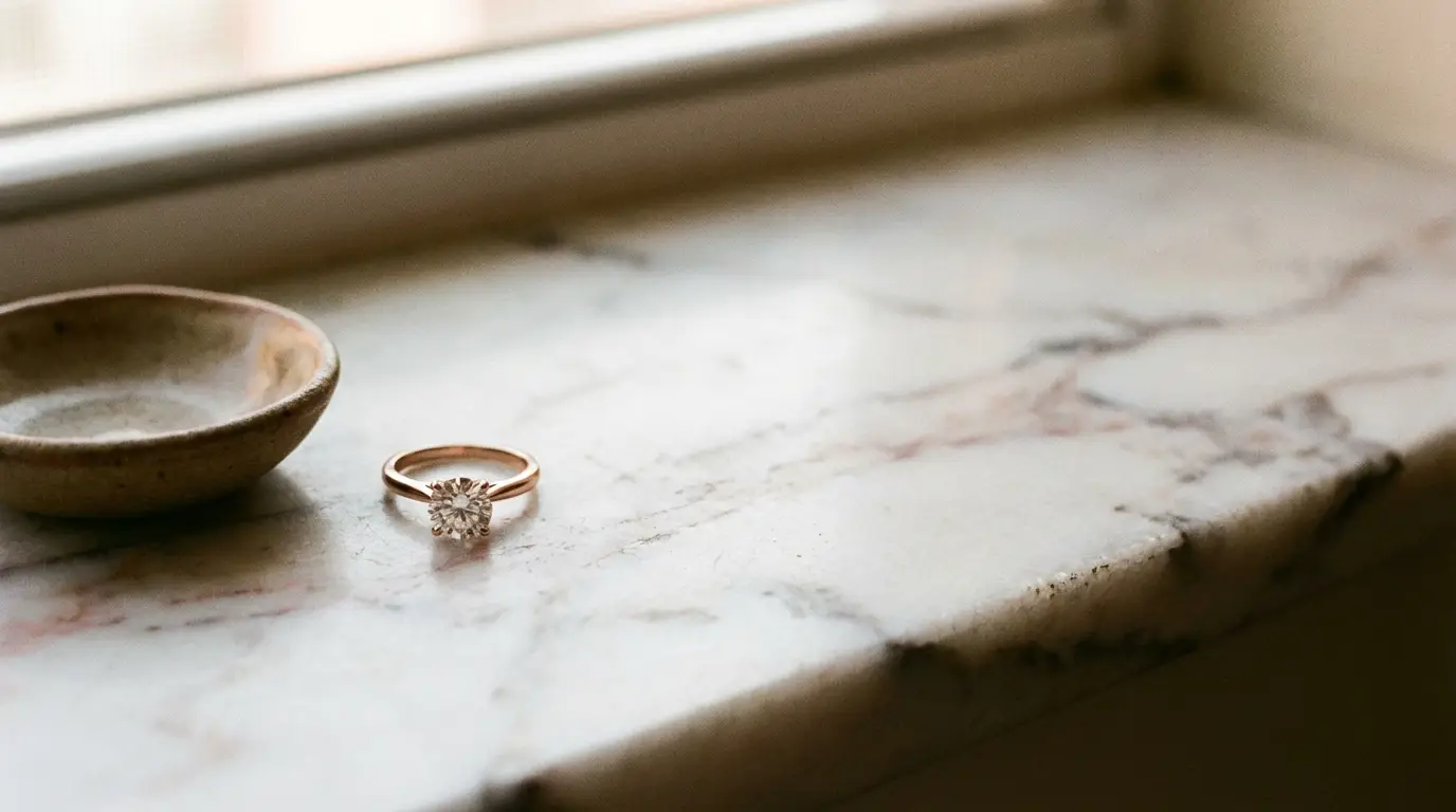 Solitaire engagement ring on a marble windowsill beside a small ceramic dish