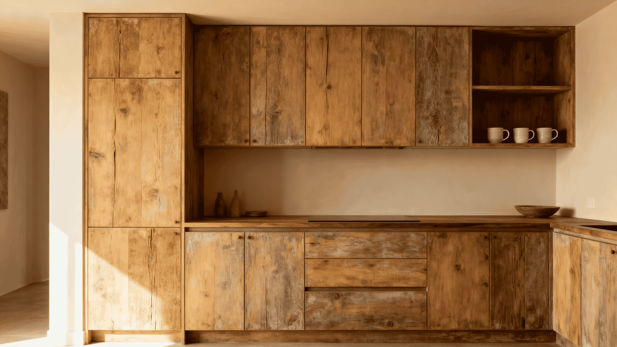 Rustic wood floor-to-ceiling kitchen cabinets with natural texture