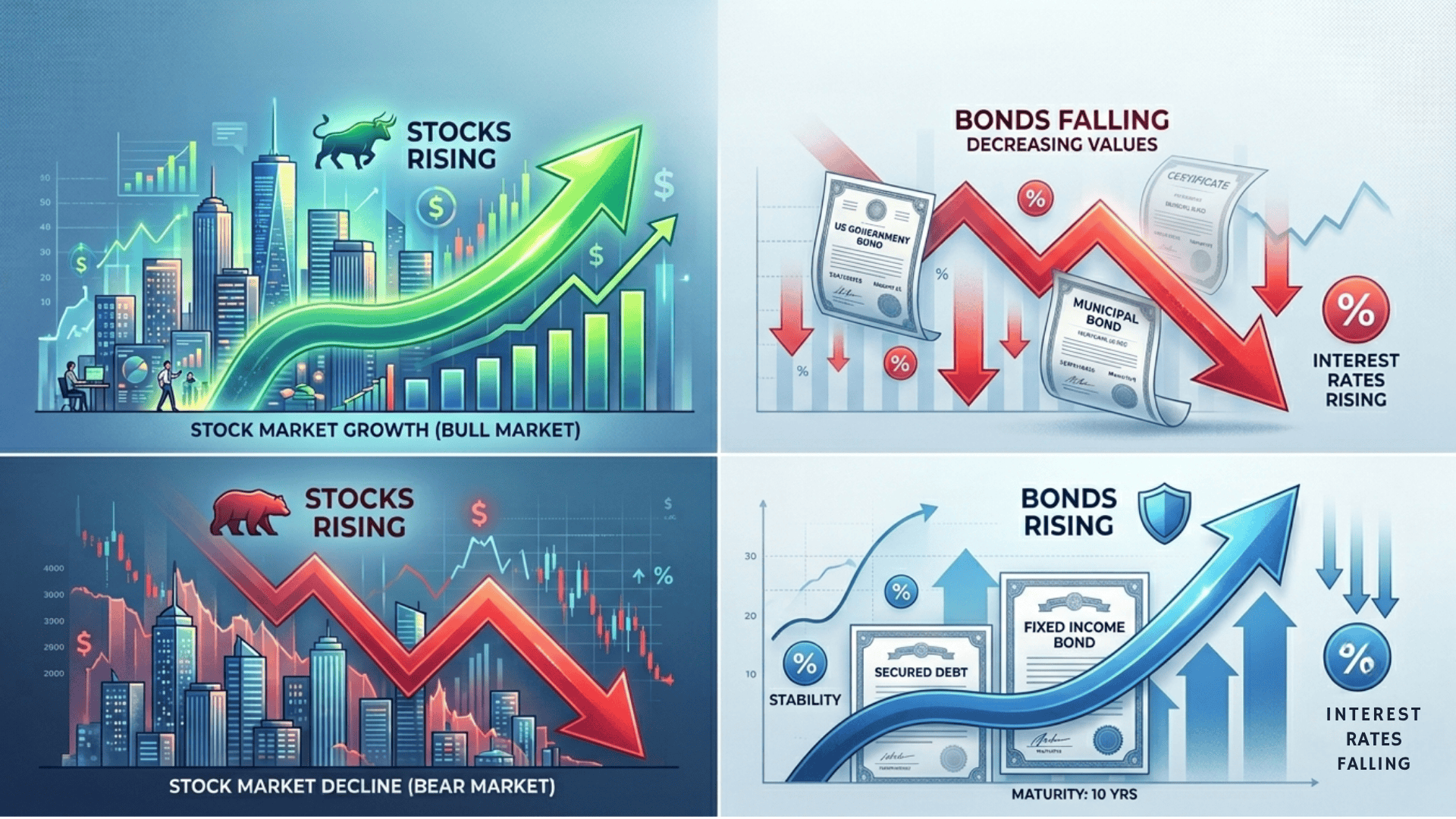 SA 2x2 comparison of stock and bond markets under different interest rate scenarios. Top row interest rates rising; Bottom row interest rates falling.
