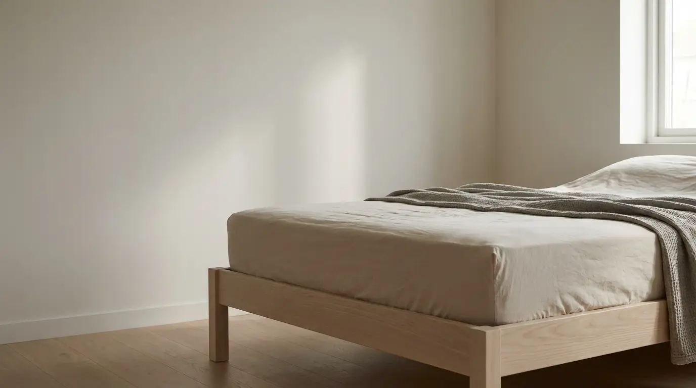 Minimalist bedroom interior with light wood bed frame and beige bedding in natural light