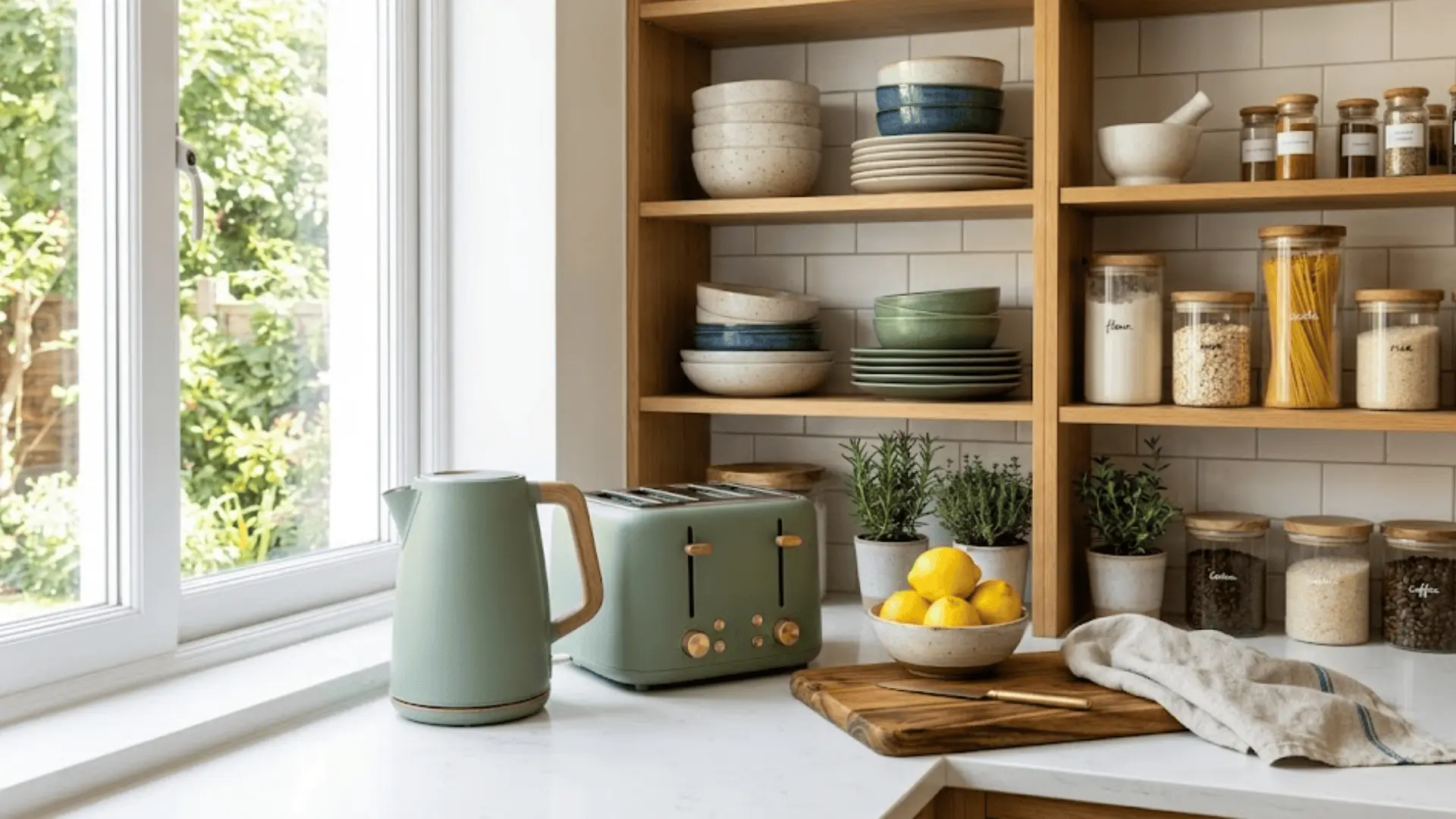 sage green kettle and toaster on white kitchen counter with lemons, cutting board, and open wooden shelving