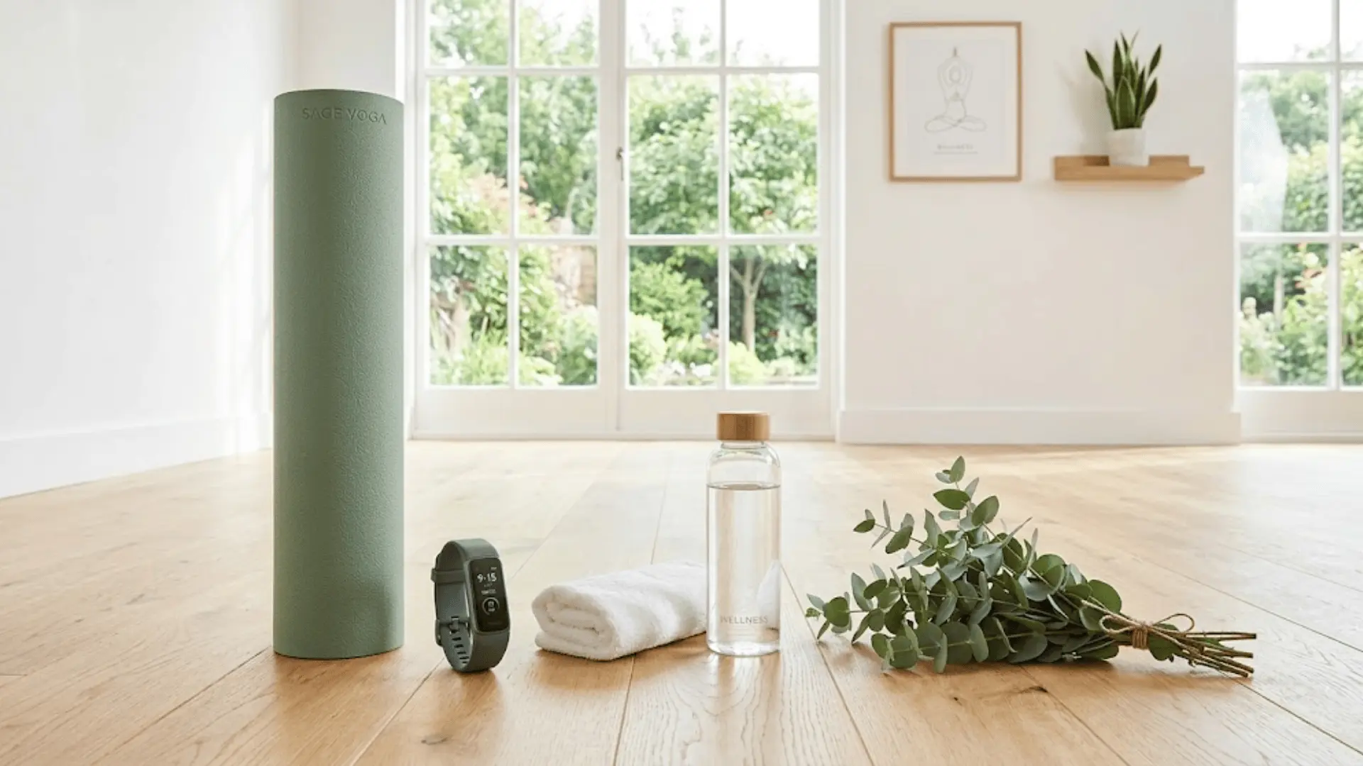 sage yoga mat and fitness tracker on wood floor with water bottle and eucalyptus in minimal bright room