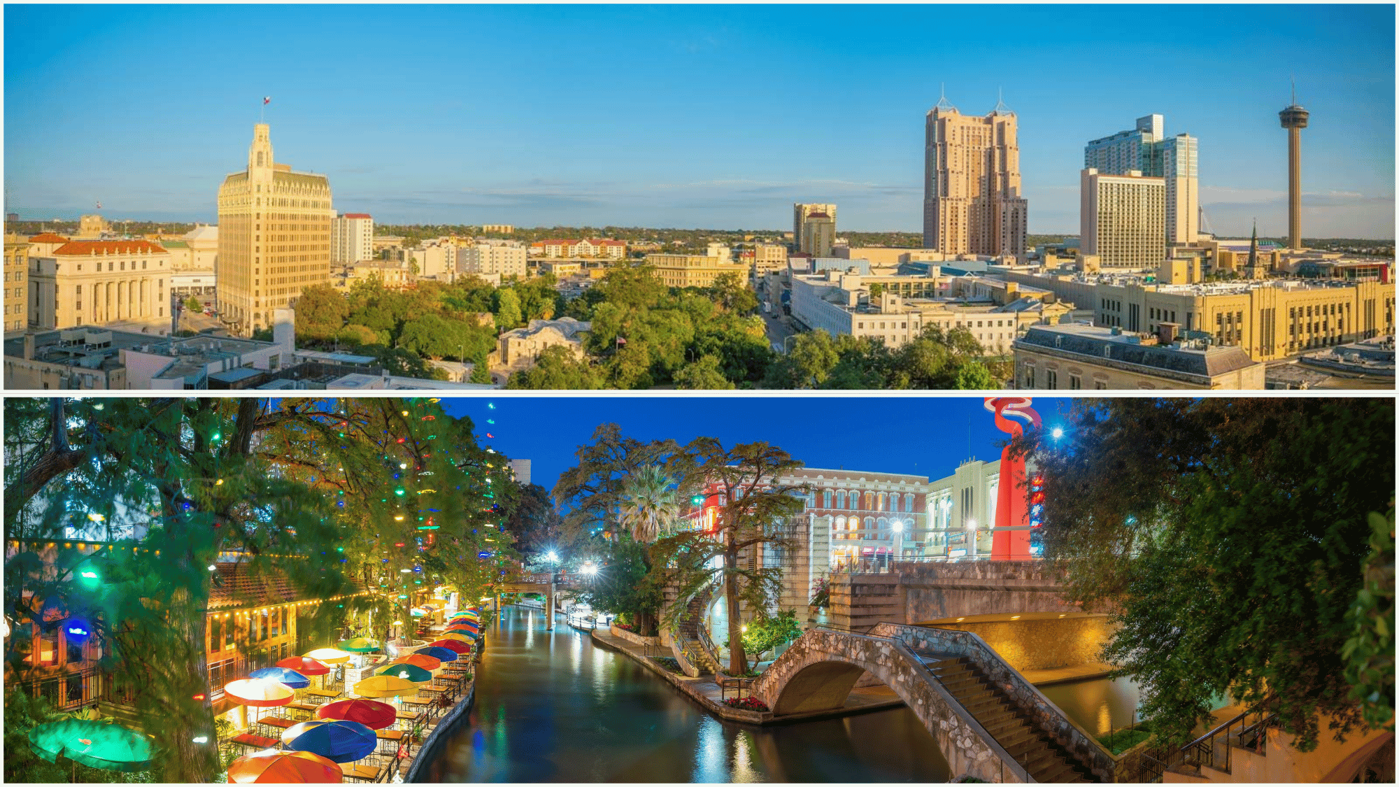 San Antonio Texas skyline and River Walk with colorful lights, bridges and city views