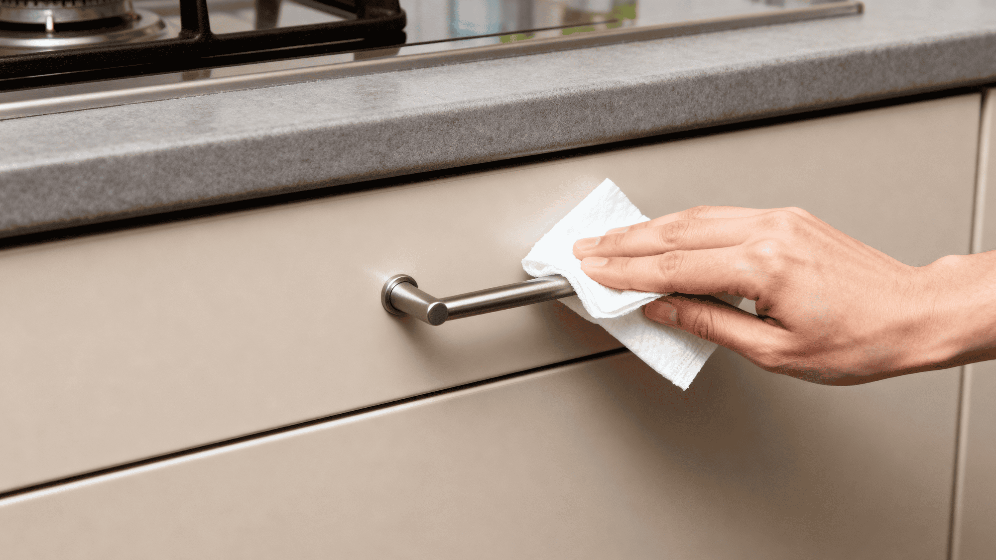 Sanitizing kitchen handle with disinfectant wipe