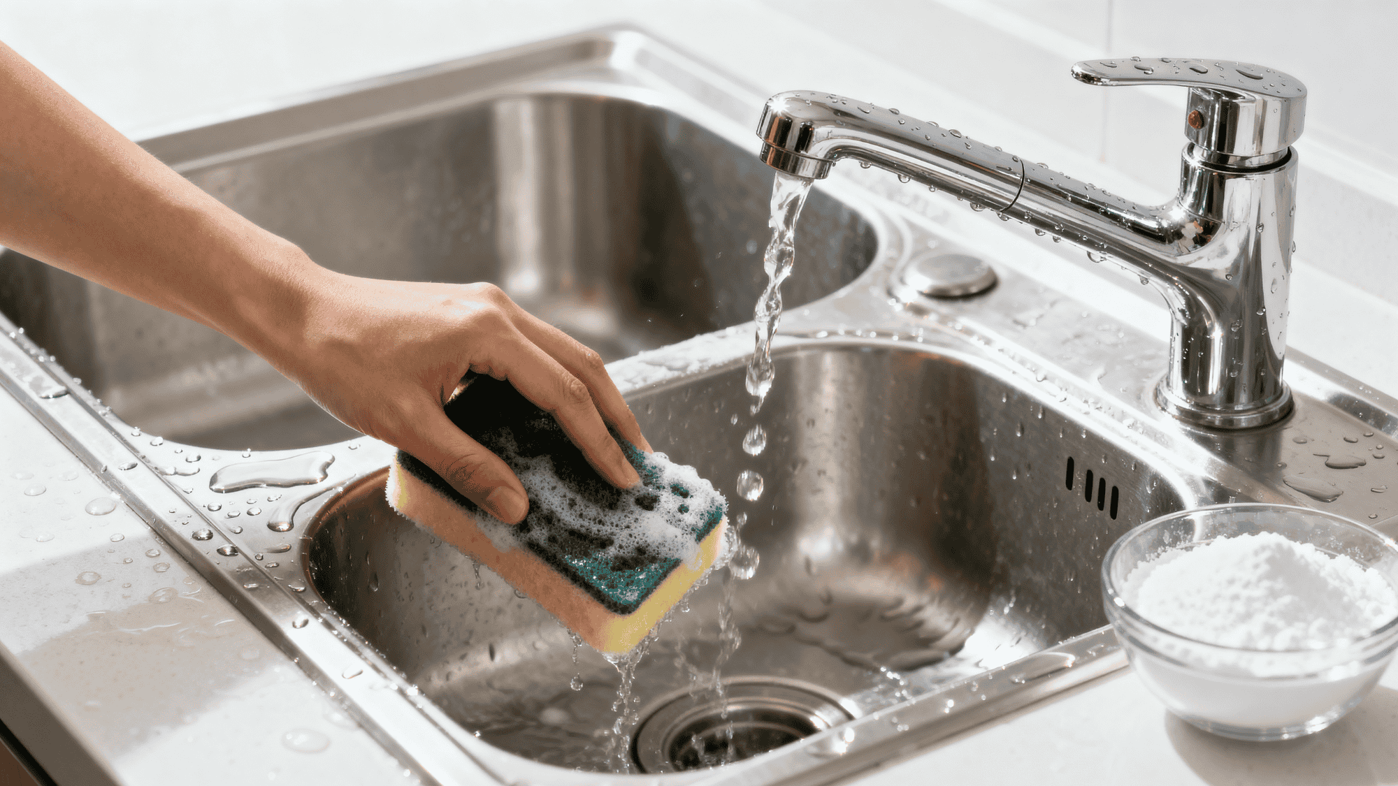 Scrubbing kitchen sink and faucet to remove stains