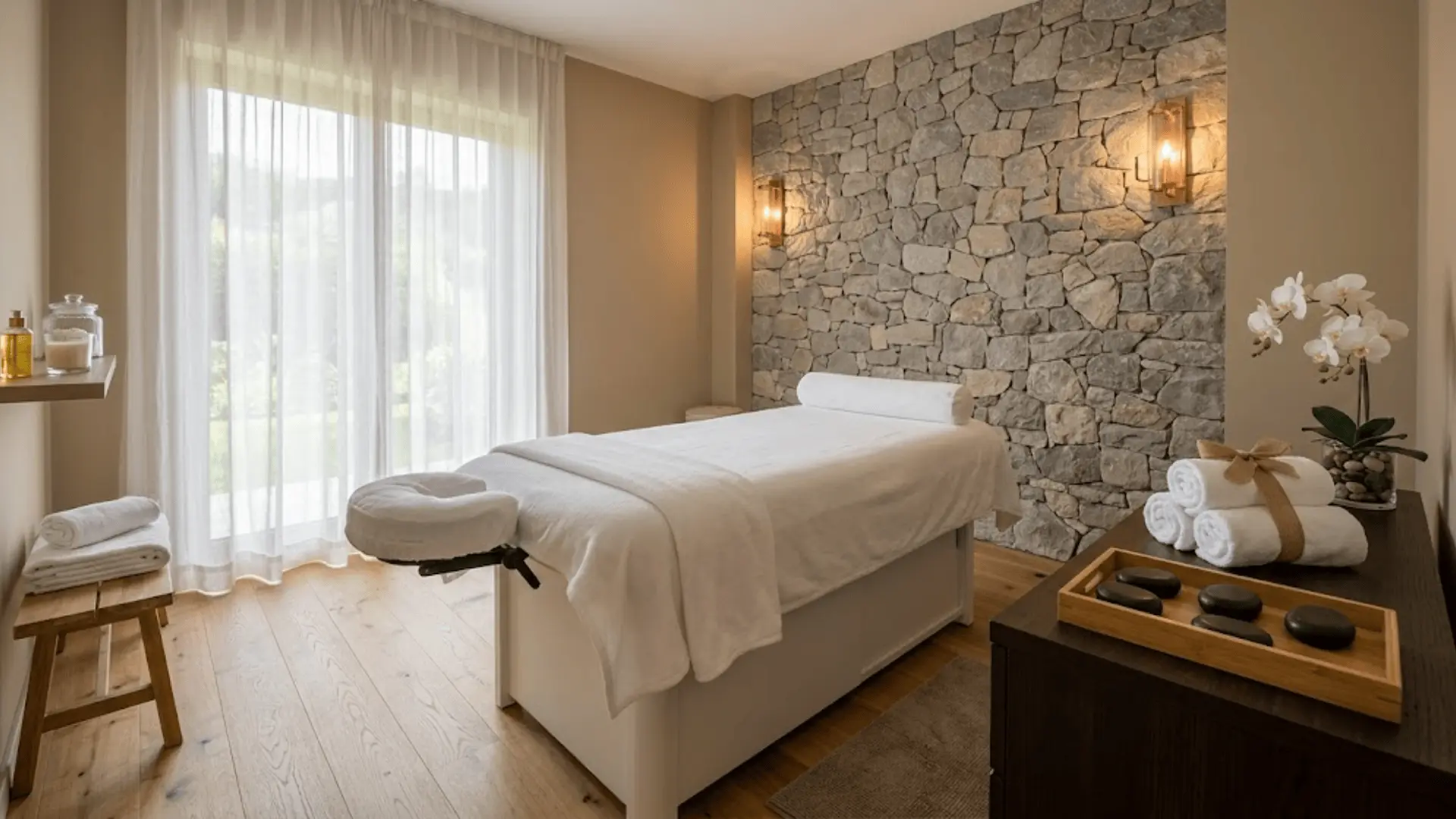serene spa room with white massage table, hot stones, rolled towels, and orchid in warm ambient light