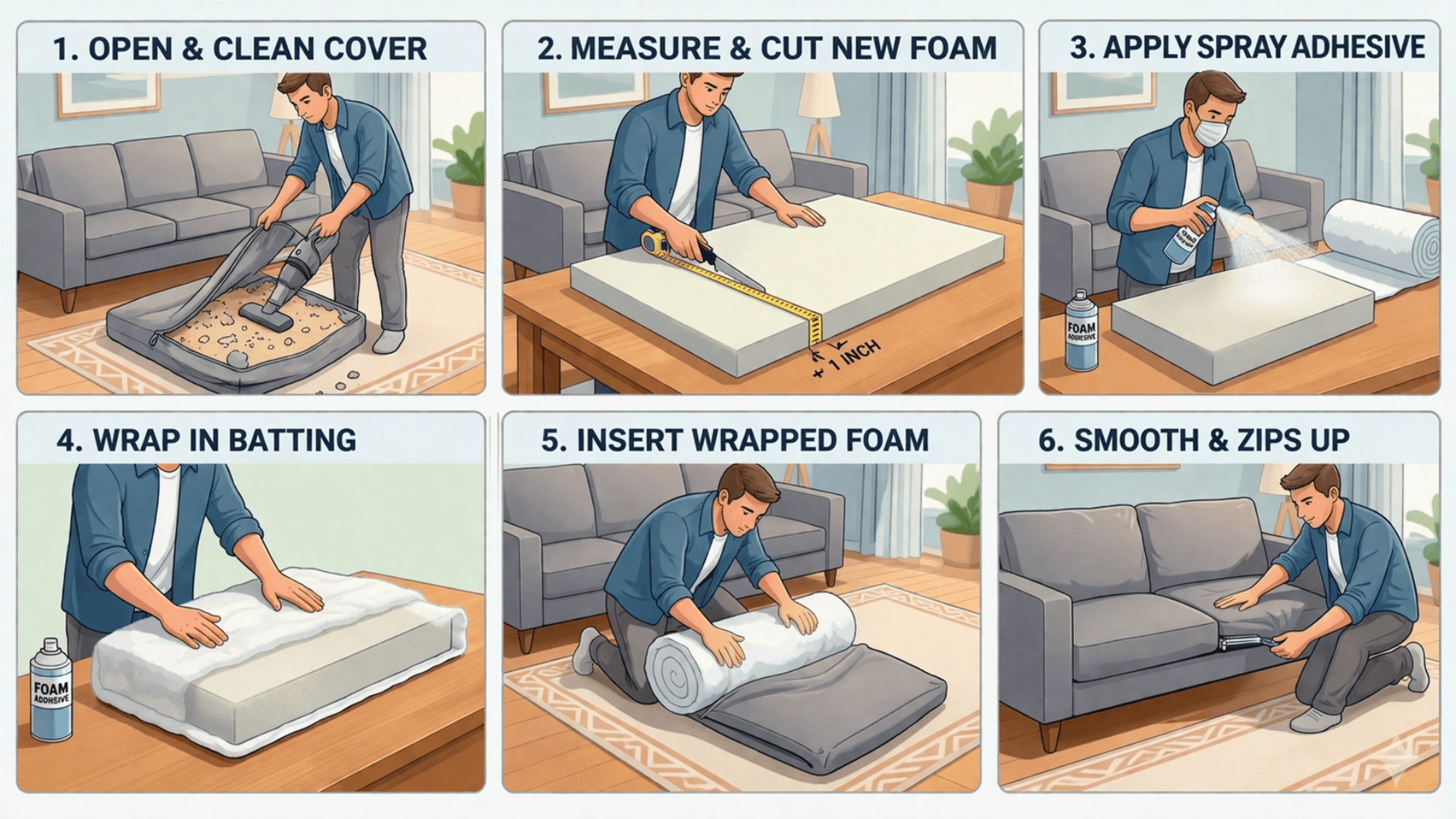 Six-step guide showing how to replace sofa cushion foam, including cleaning, cutting foam, applying adhesive, wrapping, inserting, and closing covers