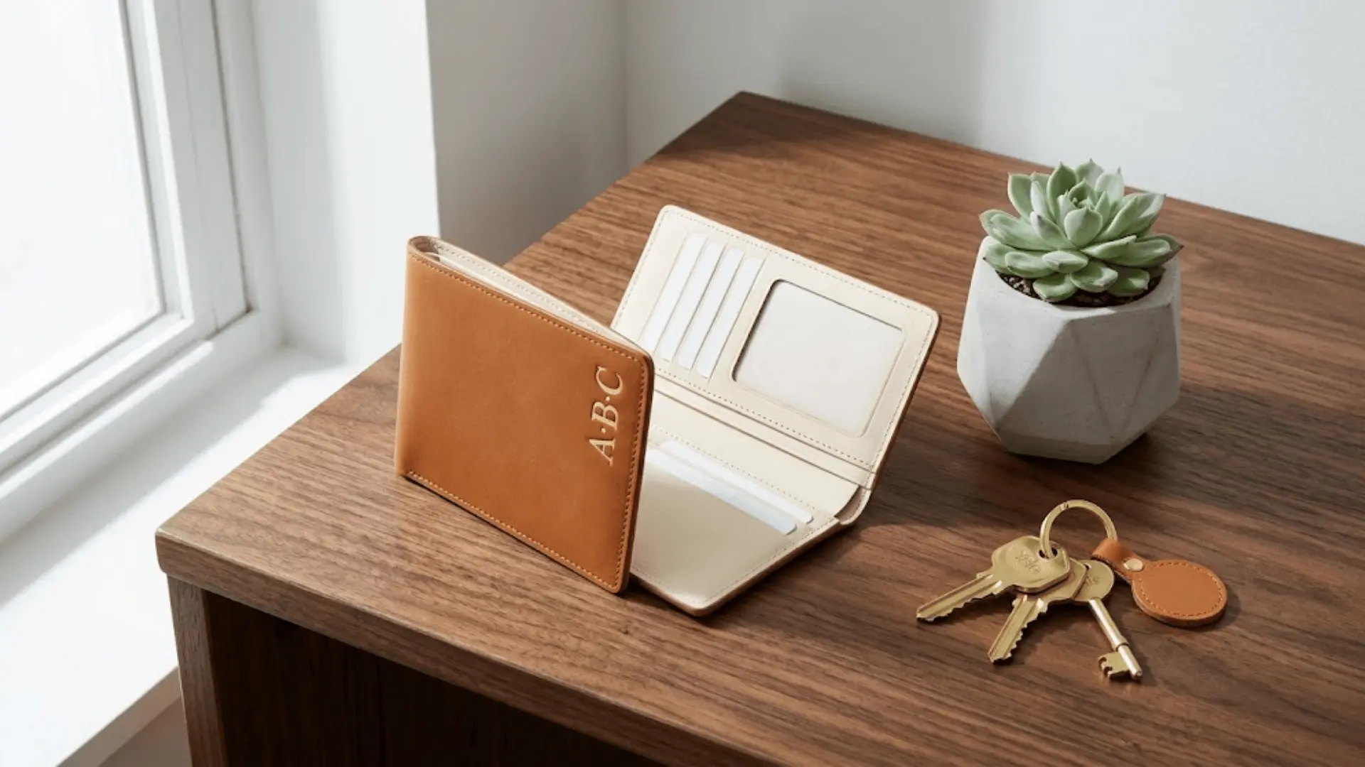 slim tan leather monogram wallet on walnut desk with succulent and gold keys in natural side light
