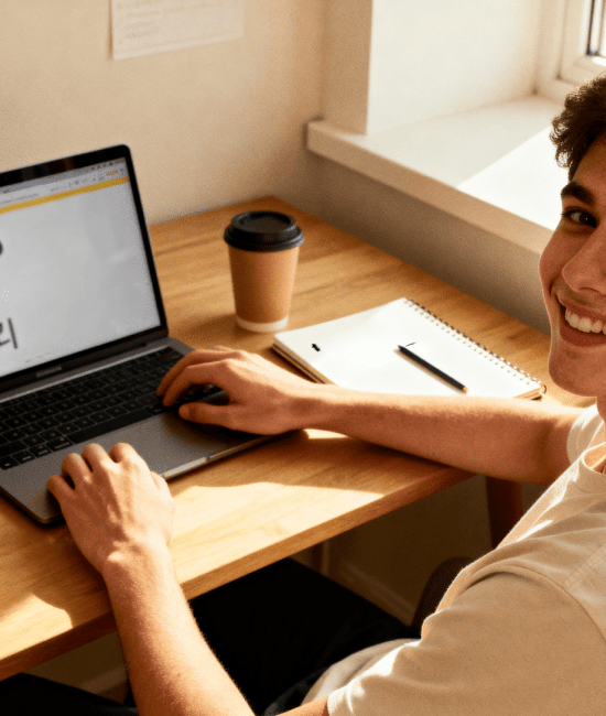 Smiling person learning a new language on a laptop at a desk, with notes, headphones, and phrases like hello and thank you visible.