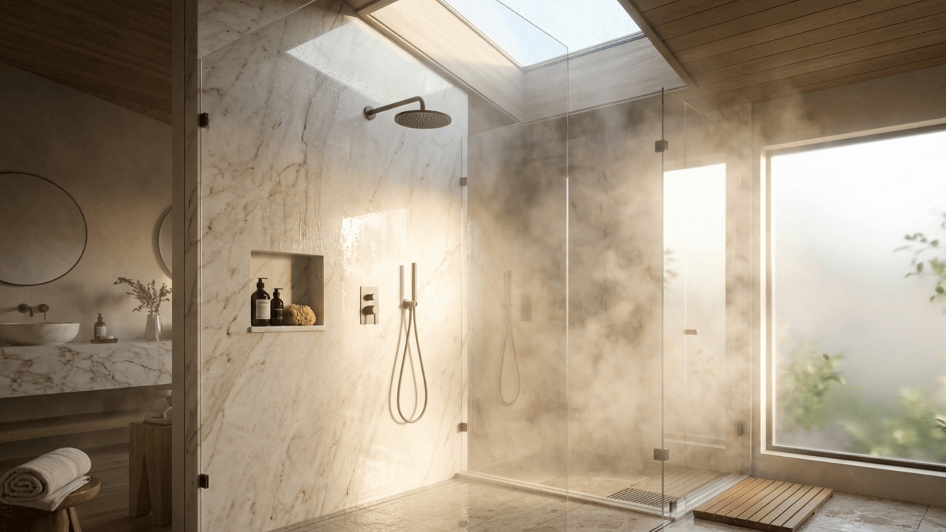 Spa-like shower with skylight and frosted window, sunlight streaming through steam, marble walls, glass enclosure, and warm natural tones creating an airy feel