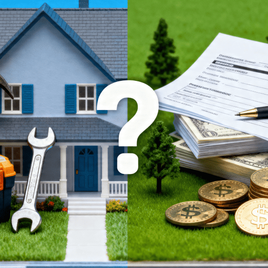 Split image of home repair tools and house vs taxes, cash and coins with question mark, showing cost vs savings decision in home improvement