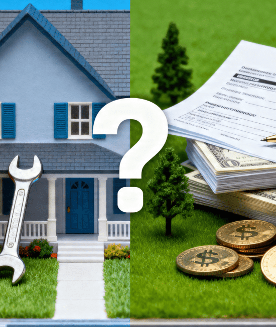 Split image of home repair tools and house vs taxes, cash and coins with question mark, showing cost vs savings decision in home improvement