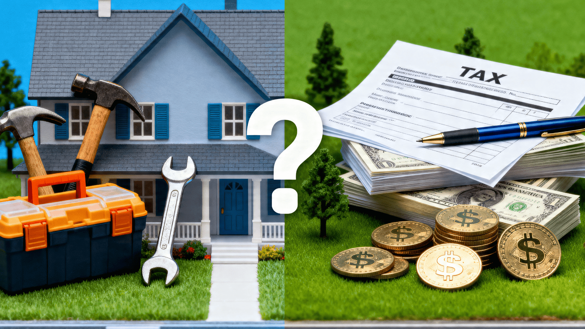Split image of home repair tools and house vs taxes, cash and coins with question mark, showing cost vs savings decision in home improvement