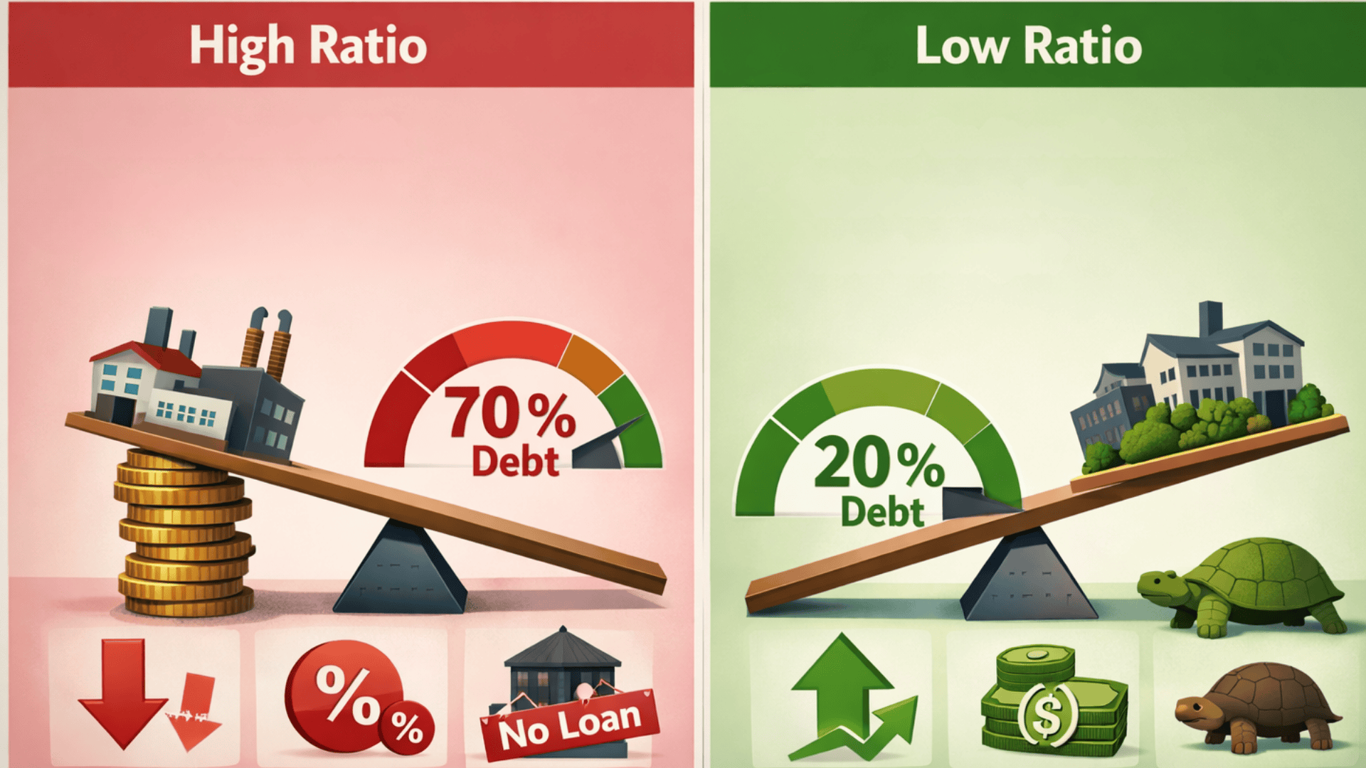 Split infographic high debt at 70 percent and low debt at 20 percent, with tilted scales, red risk side, green stable side, factory and homes.