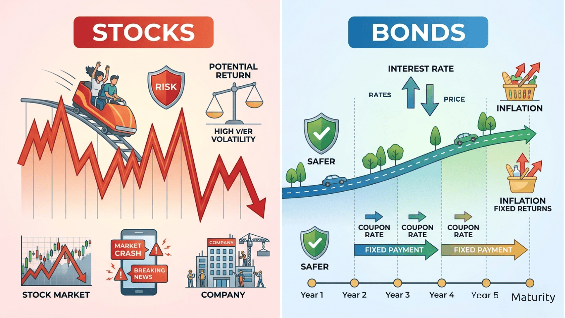 Split-screen infographic Stocks on left as a red roller coasterjagged graph; Bonds on right as a steady blue road with coupon rates.