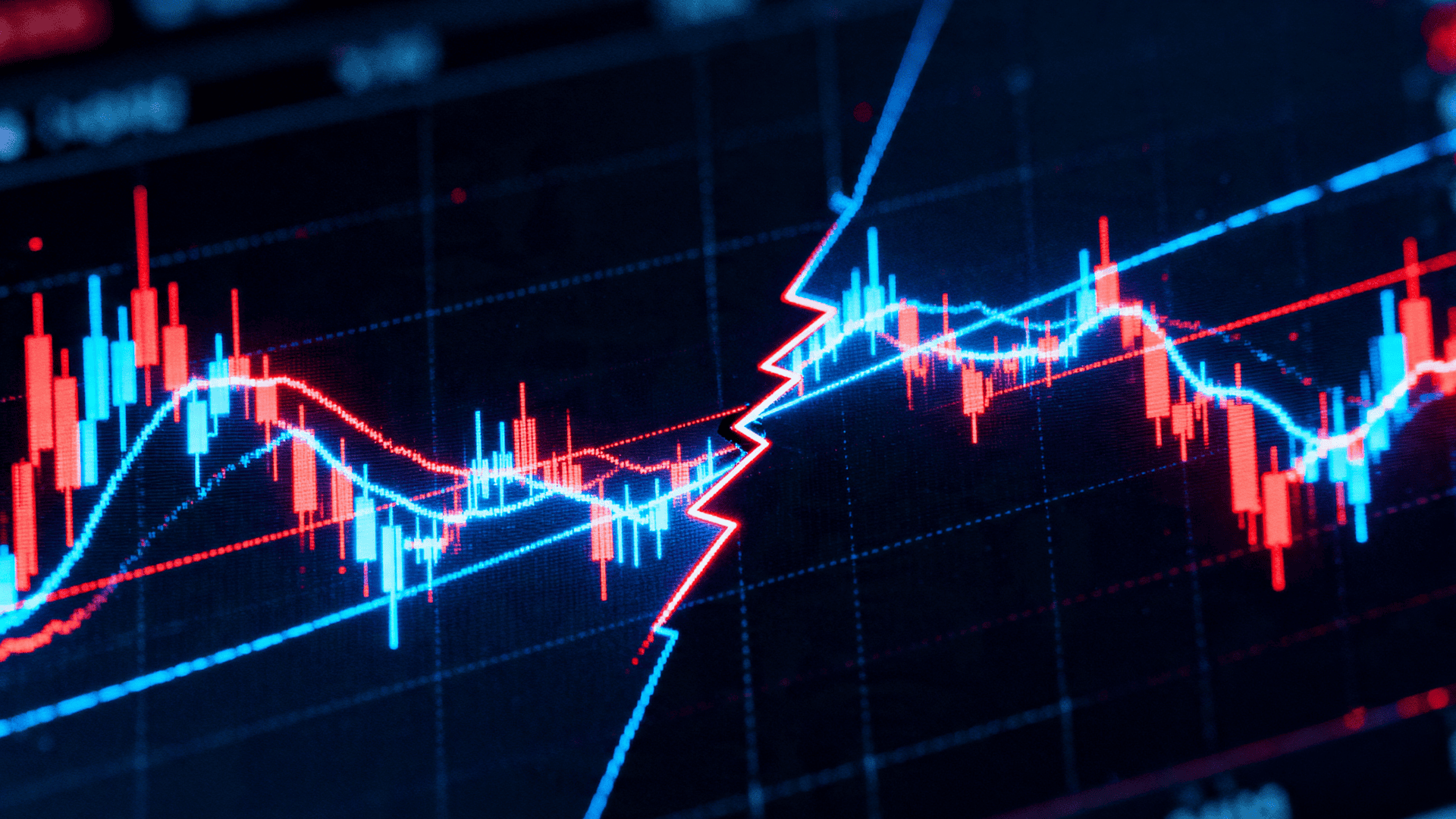 Split-screen trading chart showing diverging price action between two correlated markets, highlighting SMT divergence with contrasting trends.