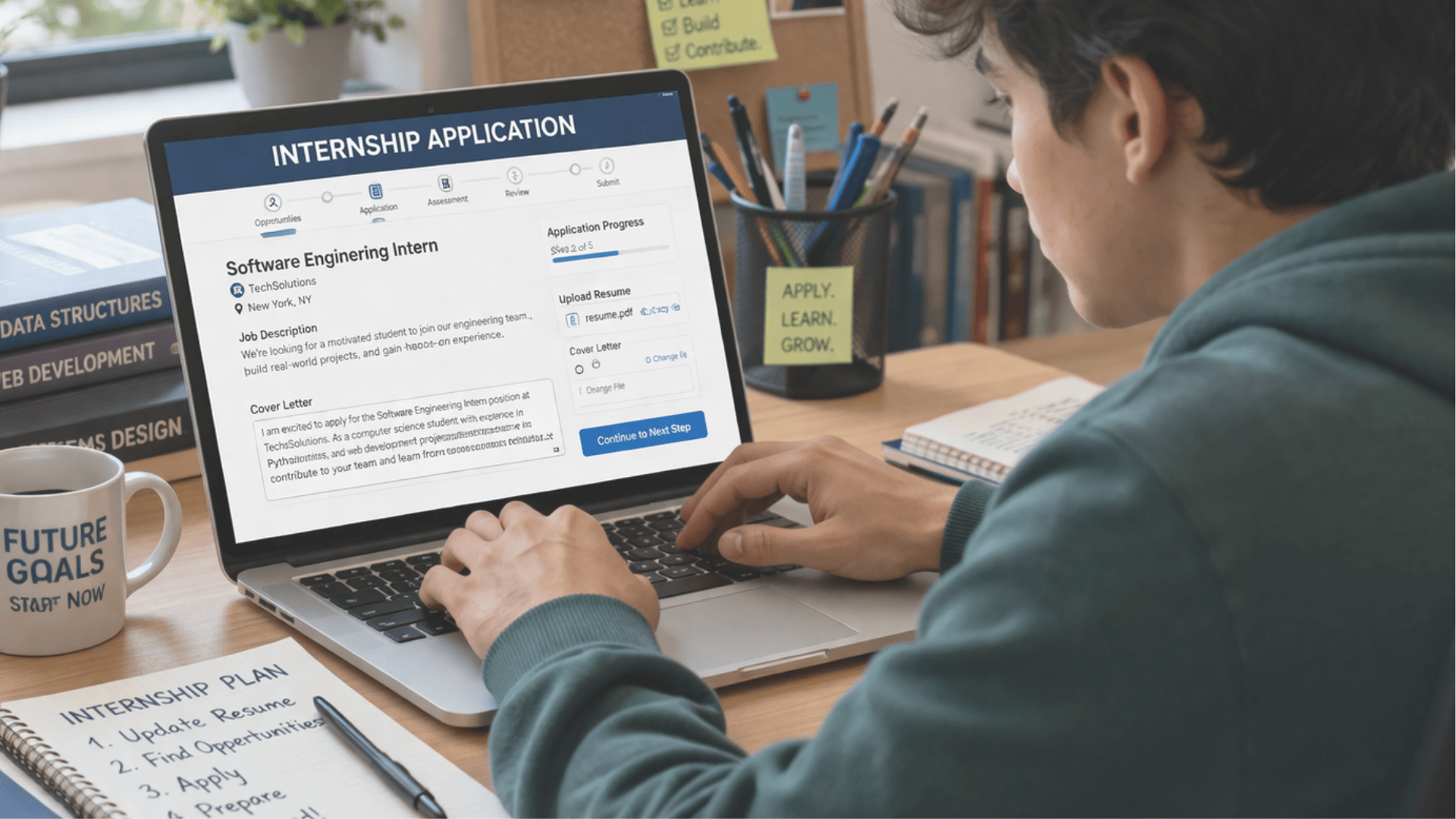 Student applying for internship on laptop at desk, surrounded by books, notes, and a mug in a bright study space