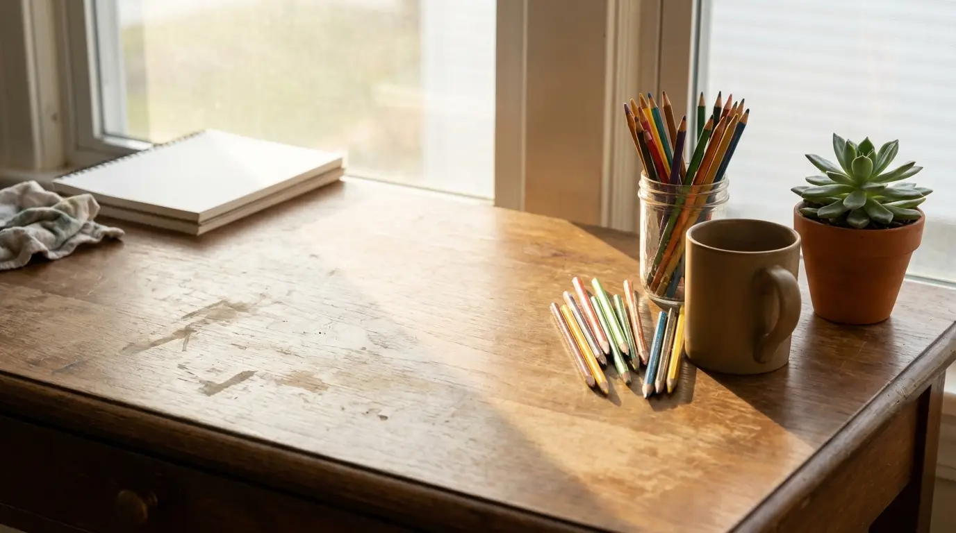 Colored pencils and sketchbook on wooden desk near window with mug and potted succulent