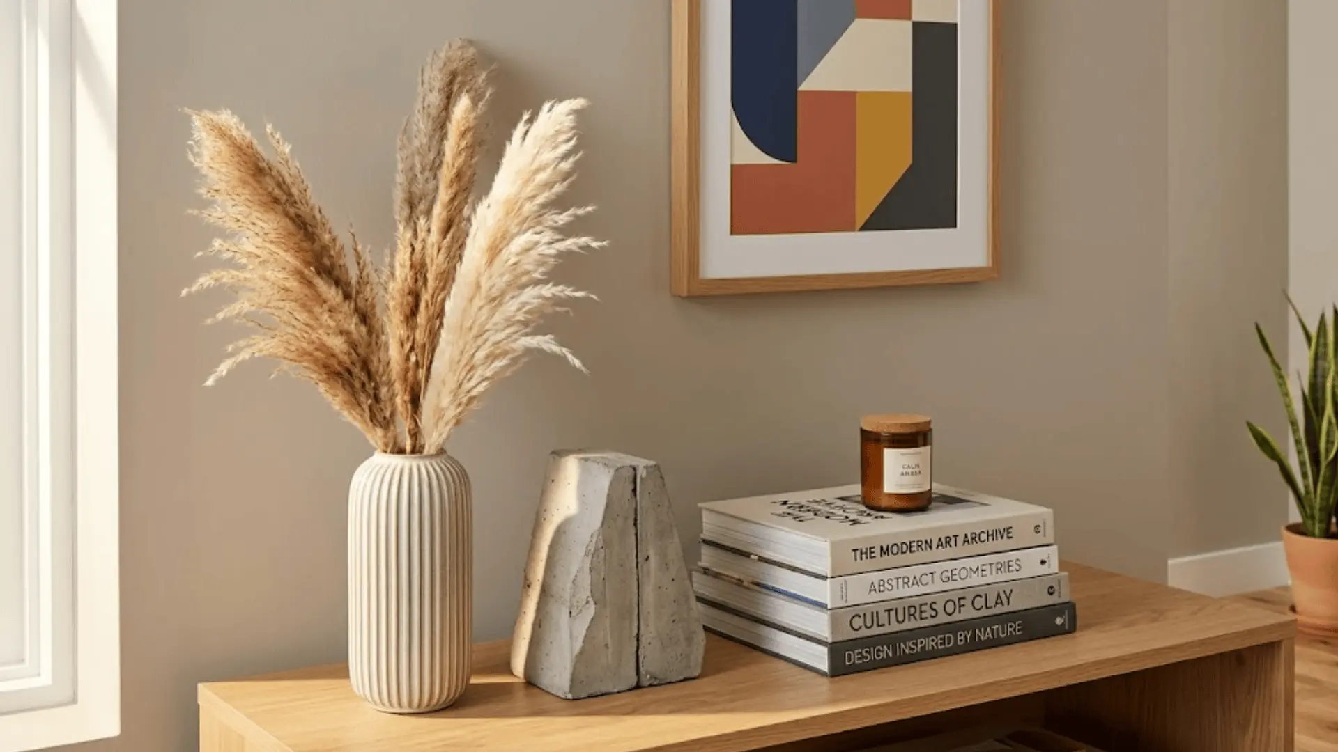 styled console table with fluted vase, pampas grass, bookend, and art books in warm afternoon light