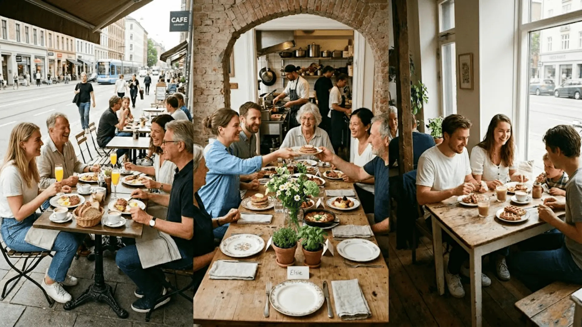 sunlit brunch settings across restaurant terrace and home dining table with mismatched ceramics and seasonal flowers
