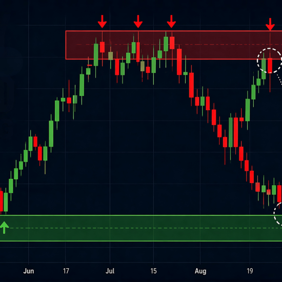 Supply and demand trading chart showing price bouncing between demand zone support and supply zone resistance with candlestick pattern signals