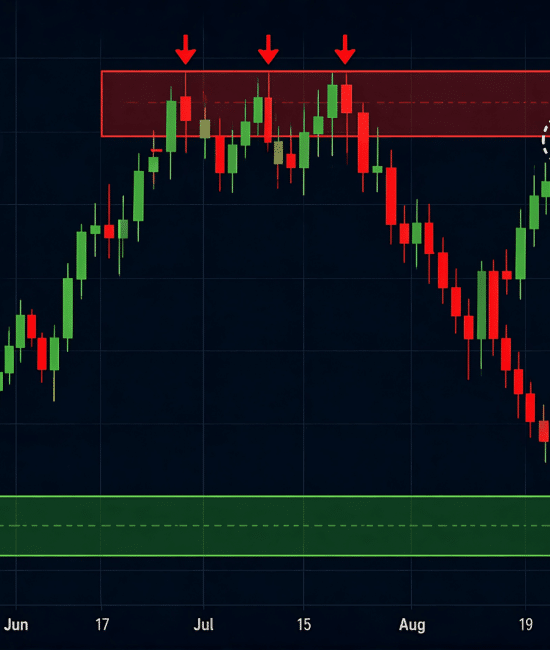 Supply and demand trading chart showing price bouncing between demand zone support and supply zone resistance with candlestick pattern signals