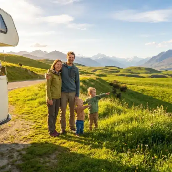 Family standing beside camper van on grassy hillside with mountain views in the background
