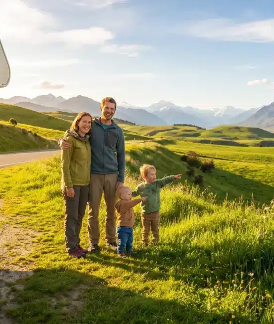 Family standing beside camper van on grassy hillside with mountain views in the background